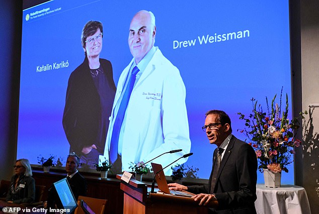 The duos 'groundbreaking findings' have 'fundamentally changed our understanding of how mRNA interacts with our immune system', the panel that awarded the prize said this morning. Thomas Perlmann, secretary of the Nobel Committee (pictured), announced this year's winner at the Karolinska Institute in Stockholm, Sweden. He told the ceremony both scientists were 'overwhelmed' by news of the prize when he contacted them shortly before the announcement