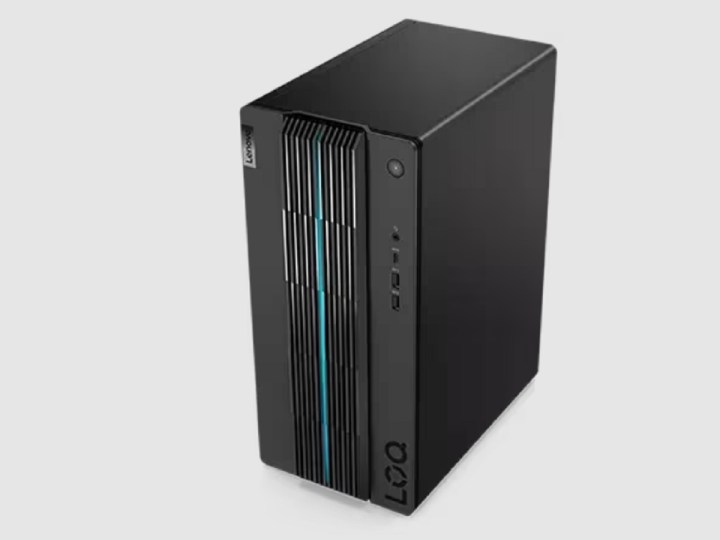 The Lenovo LOQ Tower gaming PC on a gray background.
