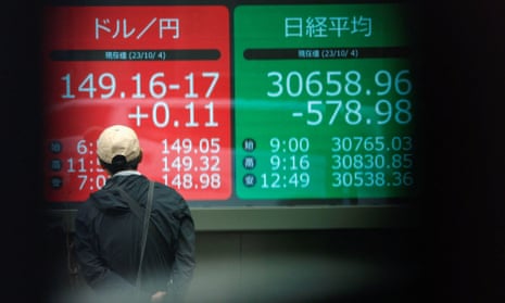 An electric monitor displaying the Japanese yen exchange rate against the U.S. dollar and Nikkei share average in Tokyo today.