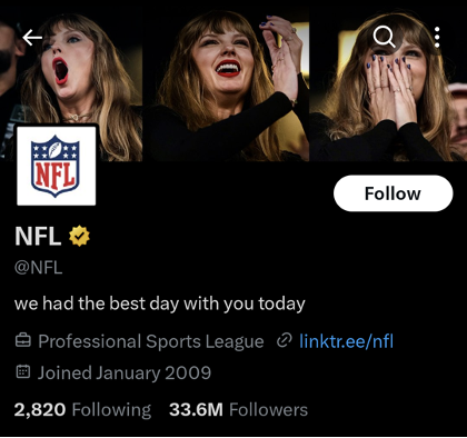Screenshot of NFL X (Twitter) account. The banner is screenshots of Taylor Swift.