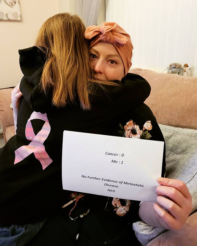 RELIEF: Katie Barson, 36, gets a hug from her daughter Freya after beating cancer in 2021