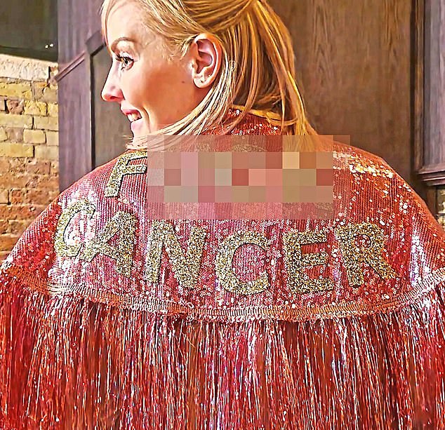 Katie's story is just one of a number of poignant accounts that feature in a new YouTube film from the charity Breast Cancer Now (Pictured: Katie in a glitzy  jacket that sums up her feelings)