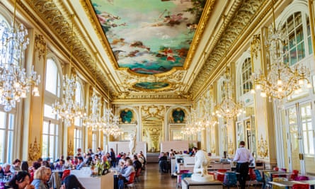 Beautiful decorated ceiling and chandeliers inside Le Restaurant at Musée D’Orsay