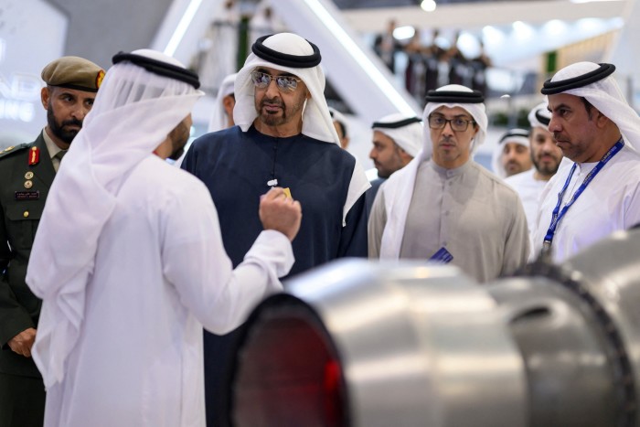 Sheikh Mohamed bin Zayed Al Nahyan, President of the United Arab Emirates and Sheikh Mansour bin Zayed Al Nahyan, UAE Vice President , tour the 2023 Dubai Airshow in Dubai