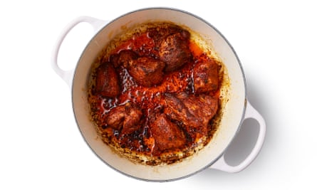 Chunks of meat cooked in a pot