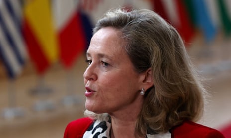 Spain's deputy prime minister and minister for economy and digitalisation, Nadia Calviño, arrives to attend the eurozone finance ministers meeting in Brussels on Thursday.