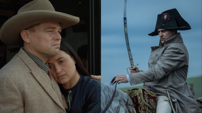 Two images. On the left, Lily Gladstone rests her head on Leonardo DiCaprio’s shoulder. On the right, Joachin Phoenix is military uniform and bicorne hat sits astride a horse, holding up a sword
