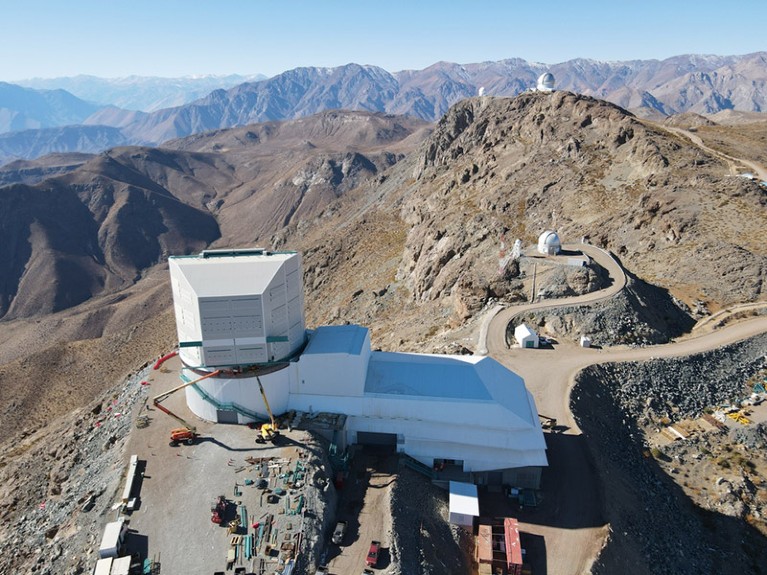 Drone View of Rubin Observatory on Cerro Pachón, with Gemini and SOAR visible in the distance.