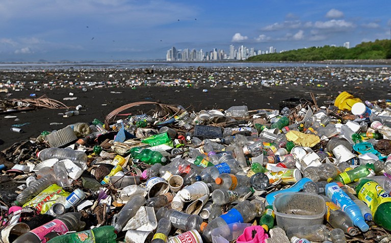 Garbage, including plastic waste, is seen at the beach of Costa del Este, in Panama City, on April 19, 2021.
