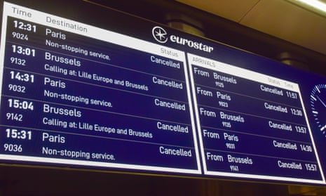 A board at St Pancras International station showing Eurostar cancellations.