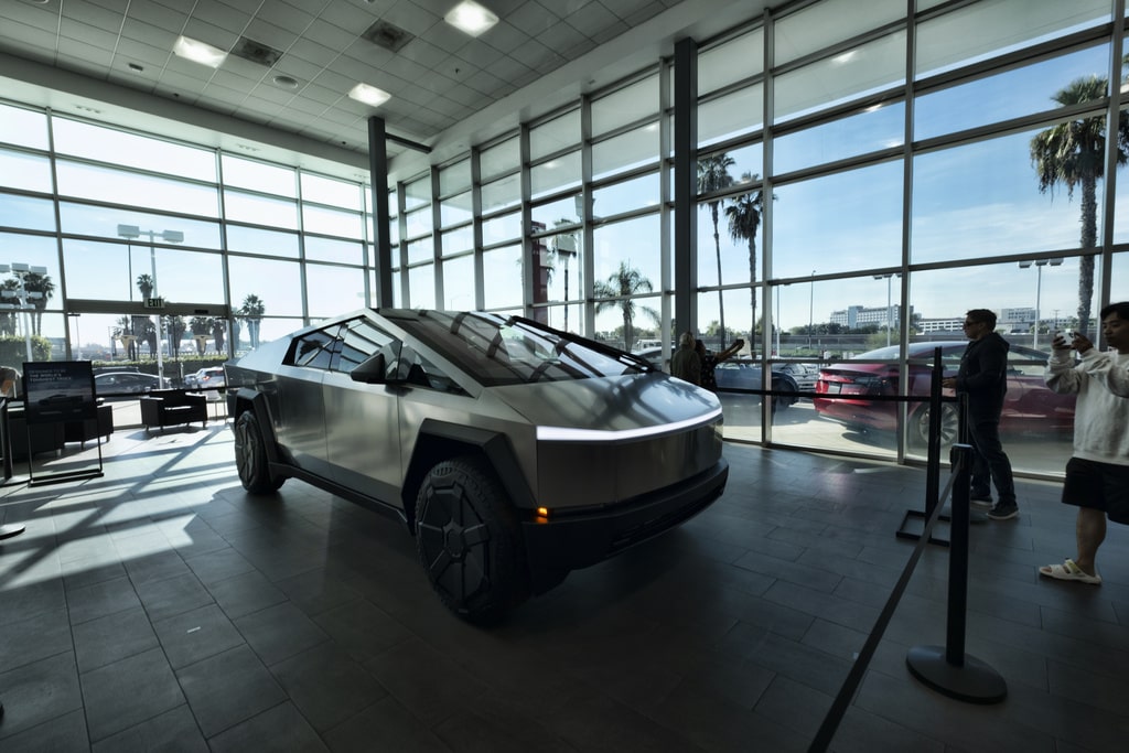 A Tesla Cybertruck is on display at the Tesla showroom in Buena Park, Calif. on Sunday Dec. 3, 2023.