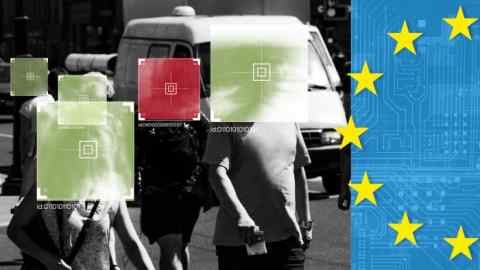 Montage image of the EU flag  and faces with squares over them, representing facial recognition