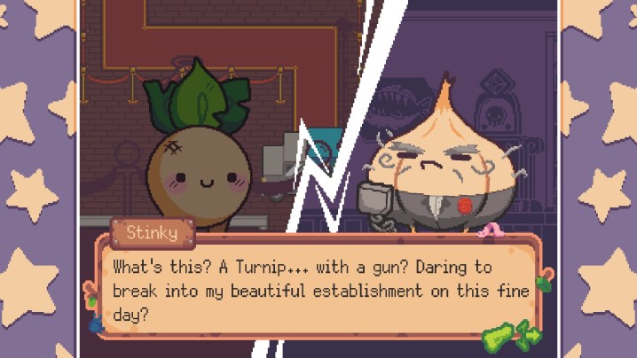 Turnip Boy has a gun and is robbing a bank. Look out