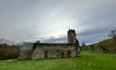 The ruined church in the abandoned medieval village of Wharram Percy.