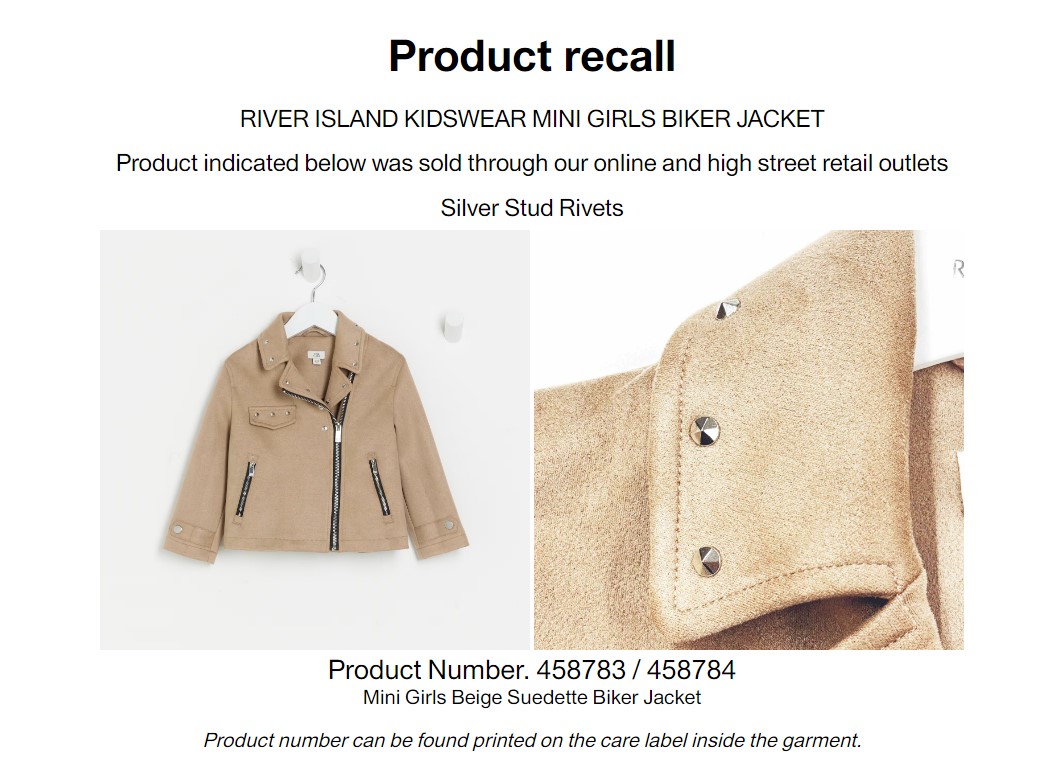 The silver stud rivets on the jacket could detach and put children at risk