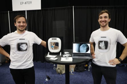 Oliver Widler and Denis Widler show off their Flappie AI catflap at CES 2024