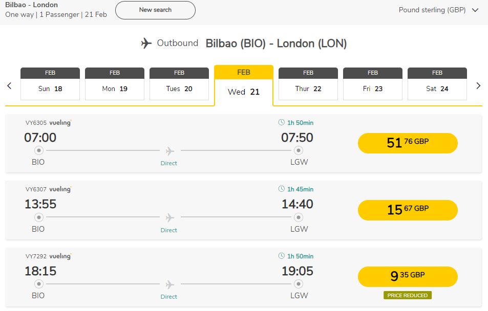 One-way flights between Bilbao and London cost as little as £9.35
