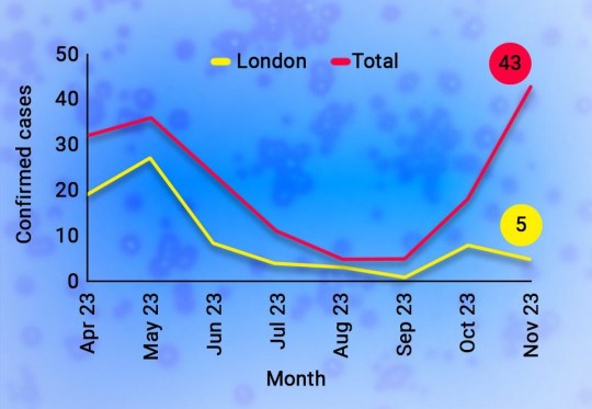 Laboratory confirmed cases of measles by month of onset of rash or symptoms reported, London and England: January 2023 to November 2023. Metro Graphics