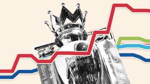 A Premier League trophy with a red graph line zigzagging upwards