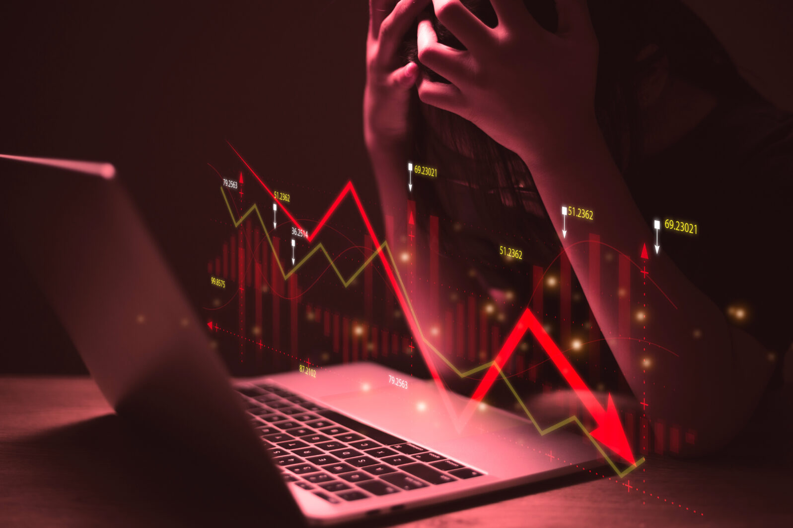 Property values are steadily declining. business downturn. company stocks fall in value, economic crisis, the global economy slows down, trading drops, high risk investments.