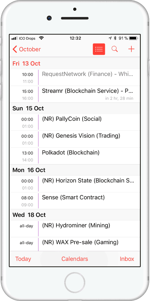 ICO Drops calendar on a smartphone