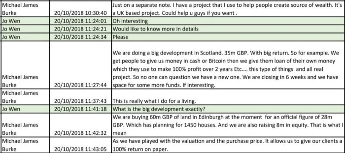 Grab of incoming and outgoing messages between Jo Wen and Michael James Burke