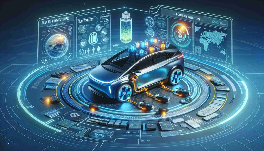 Electrifying the Future: Sodium Ion Batteries Pave the Way for Affordable EVs A high-definition, realistic image displaying the futuristic concept of electrifying the future with Sodium Ion Batteries. This picture should reflect the innovative technology's potential in making electric vehicles more affordable. A visual representation of an electric vehicle equipped with sodium ion batteries and carefully designed infographics surrounding it to explain its efficiency, cost-effectiveness, and sustainability. Colors like blue and yellow should dominate the scene to represent electricity and sodium respectively.