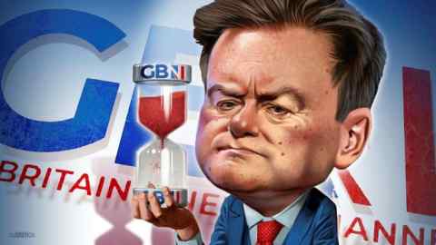 Joe Cummings illustration of Paul Marshall holding an hourglass decorated with the GB News logo