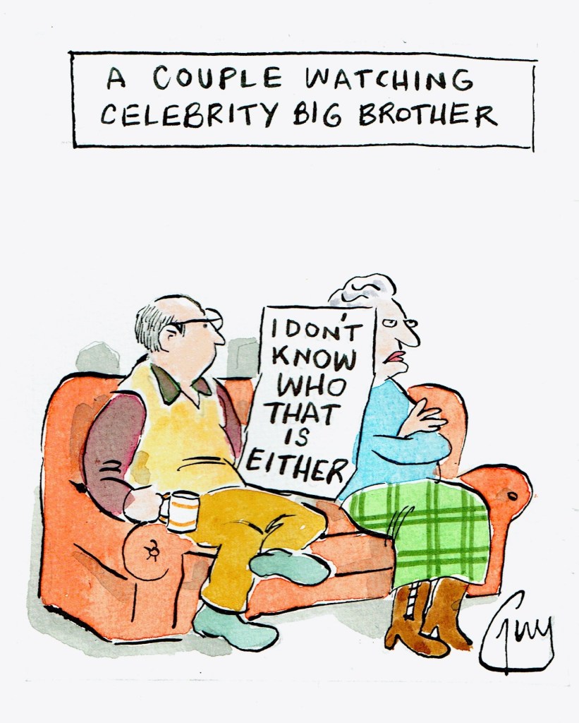 A couple sits on the sofa to watch Celebrity Big Brother. Not knowing who anyone is.