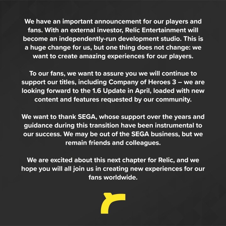 Relic Entertainment's message about going independent.