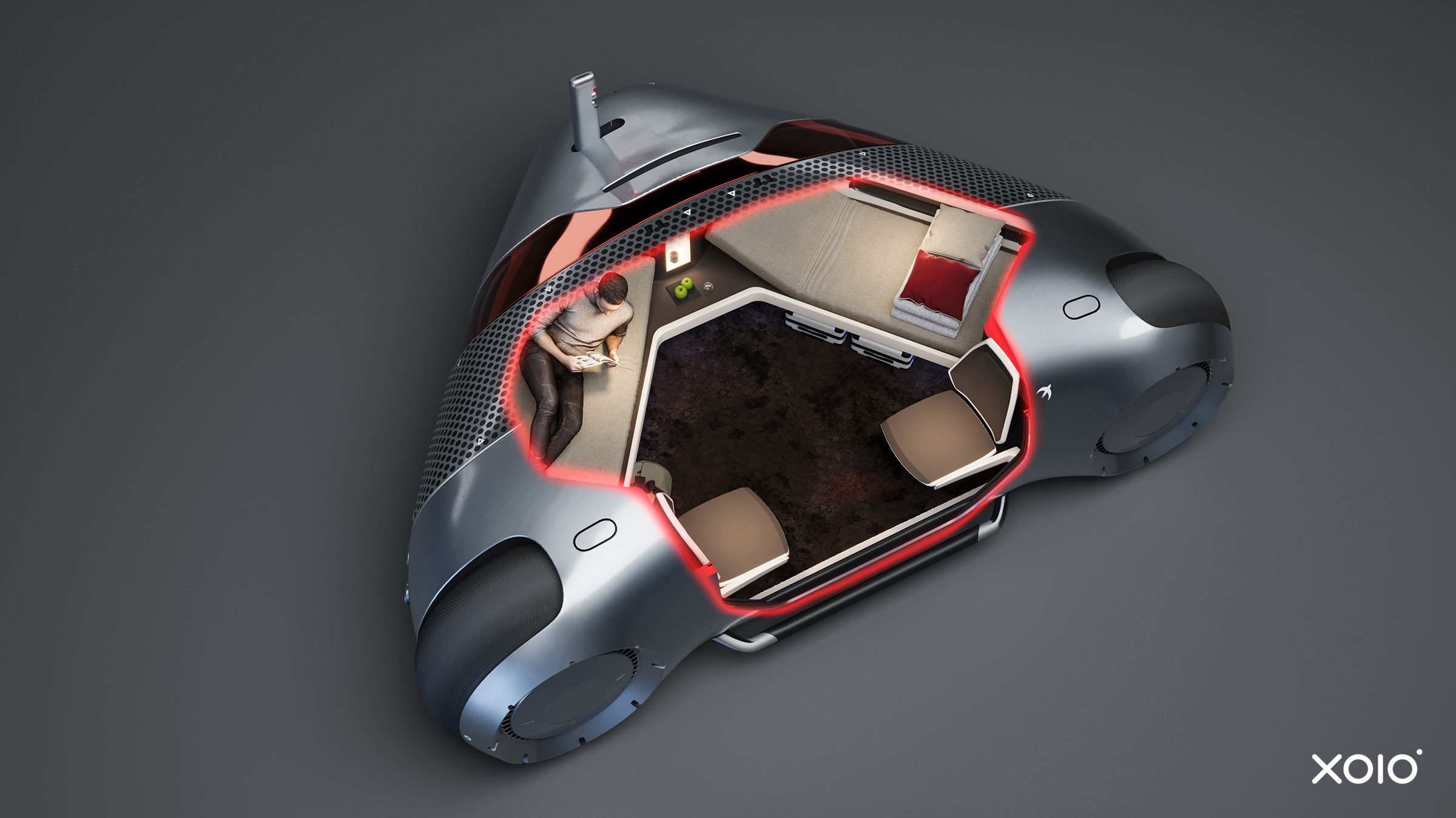 The car's design boasts a luxurious, low-sitting cabin that is attached to three giant wheels