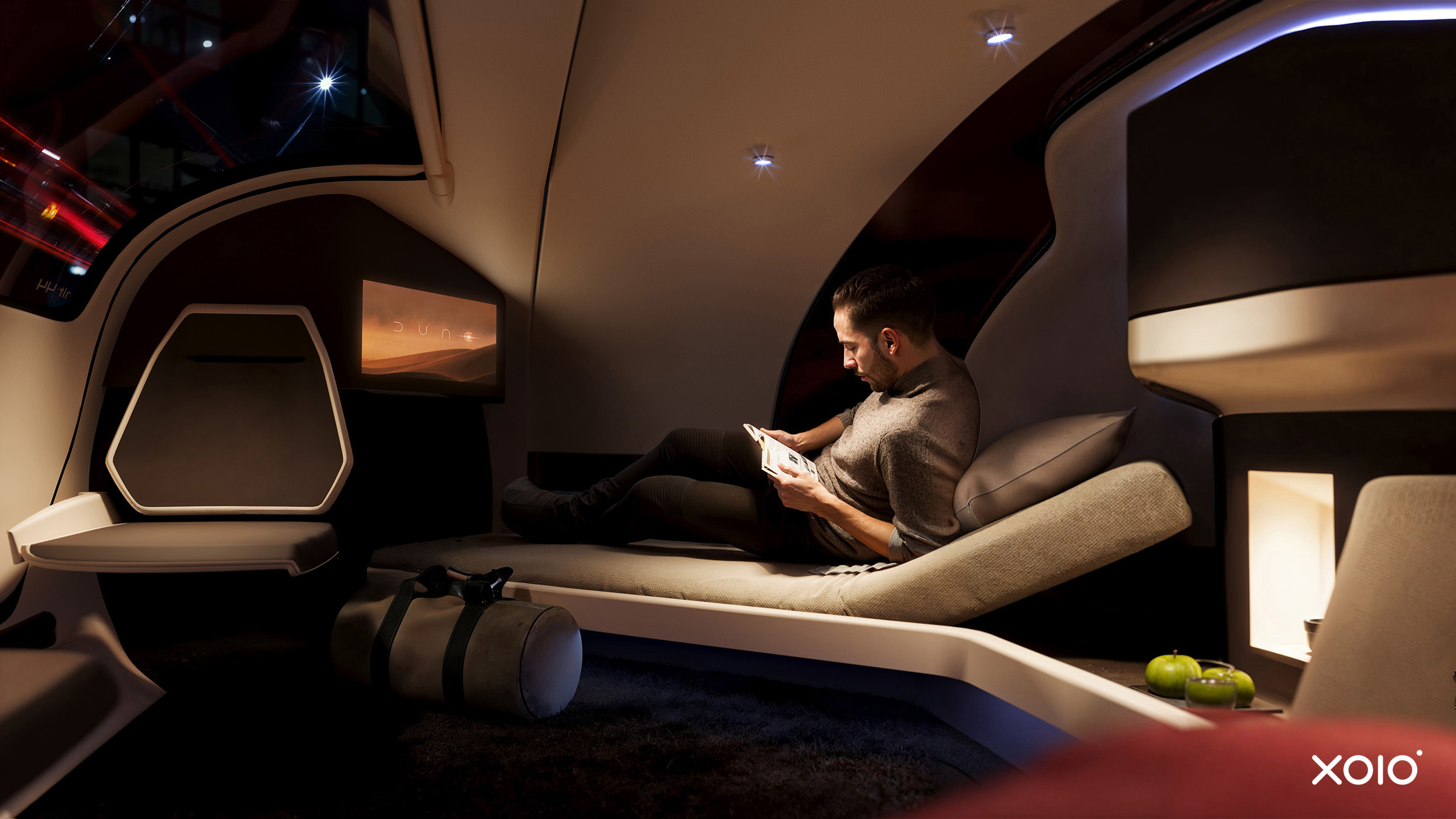 It can accommodate up to two passengers at a time  who can either sit upright or lie down on each of the two single beds