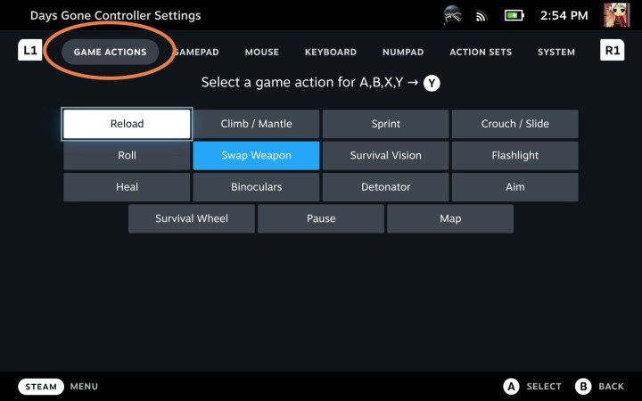 Game actions in Steam Deck.