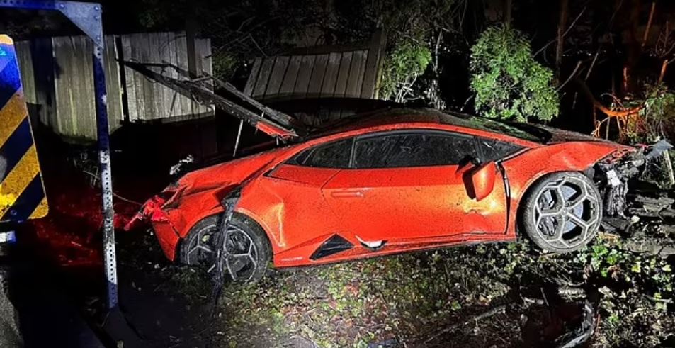 The $500,000 supercar was totaled in the smash with serious damage to the front and rear and even the wing mirror hanging off