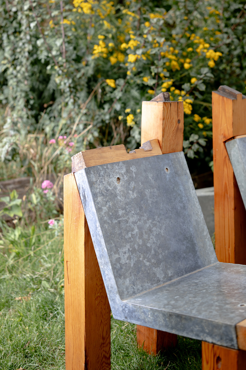 outdoor furniture series by adrienne lau repurposes wood boards and galvanized steel