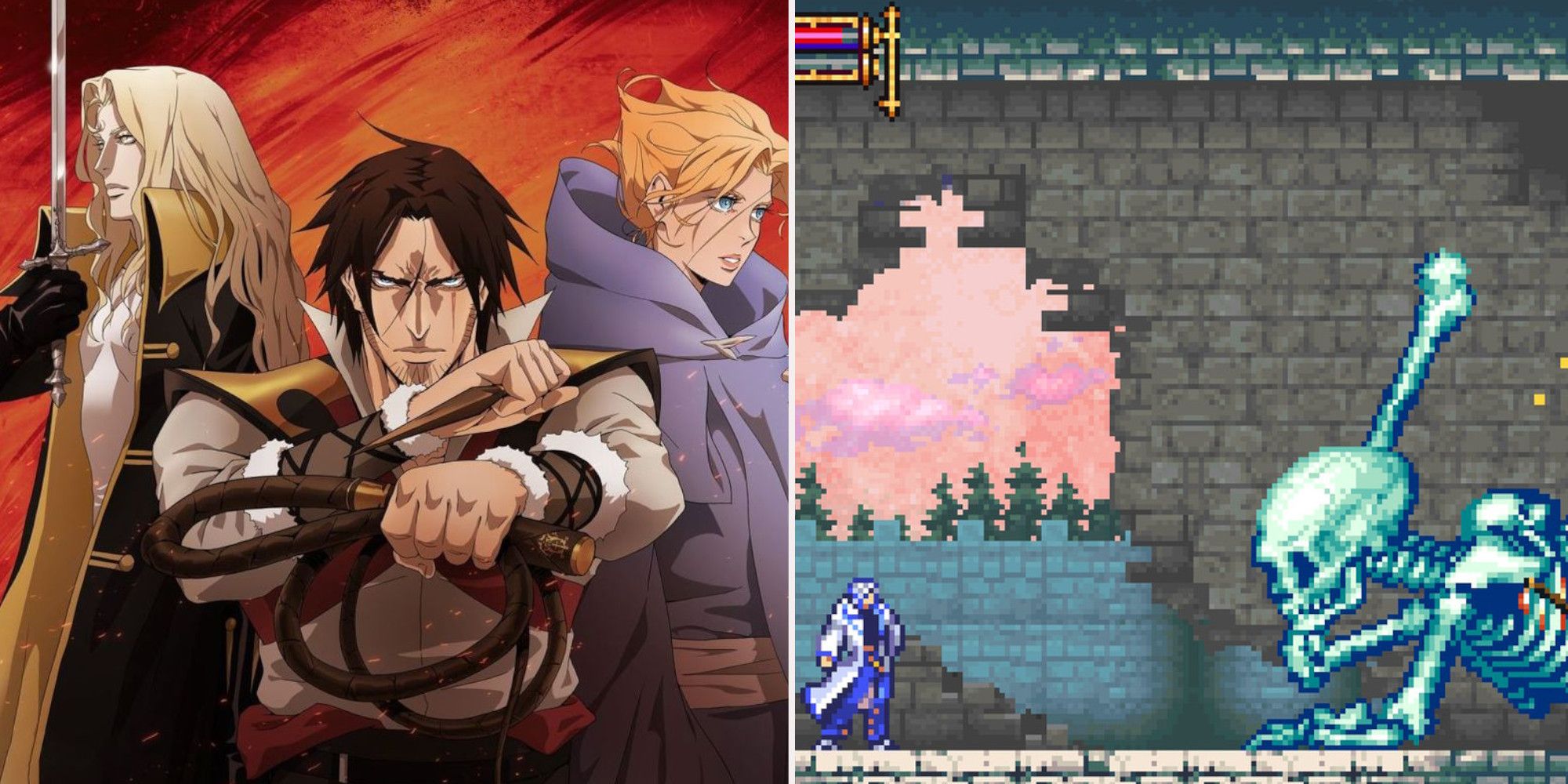 Castlevania anime characters lineup while Aria of Sorrow Protagonist Fights Giant Skeleton
