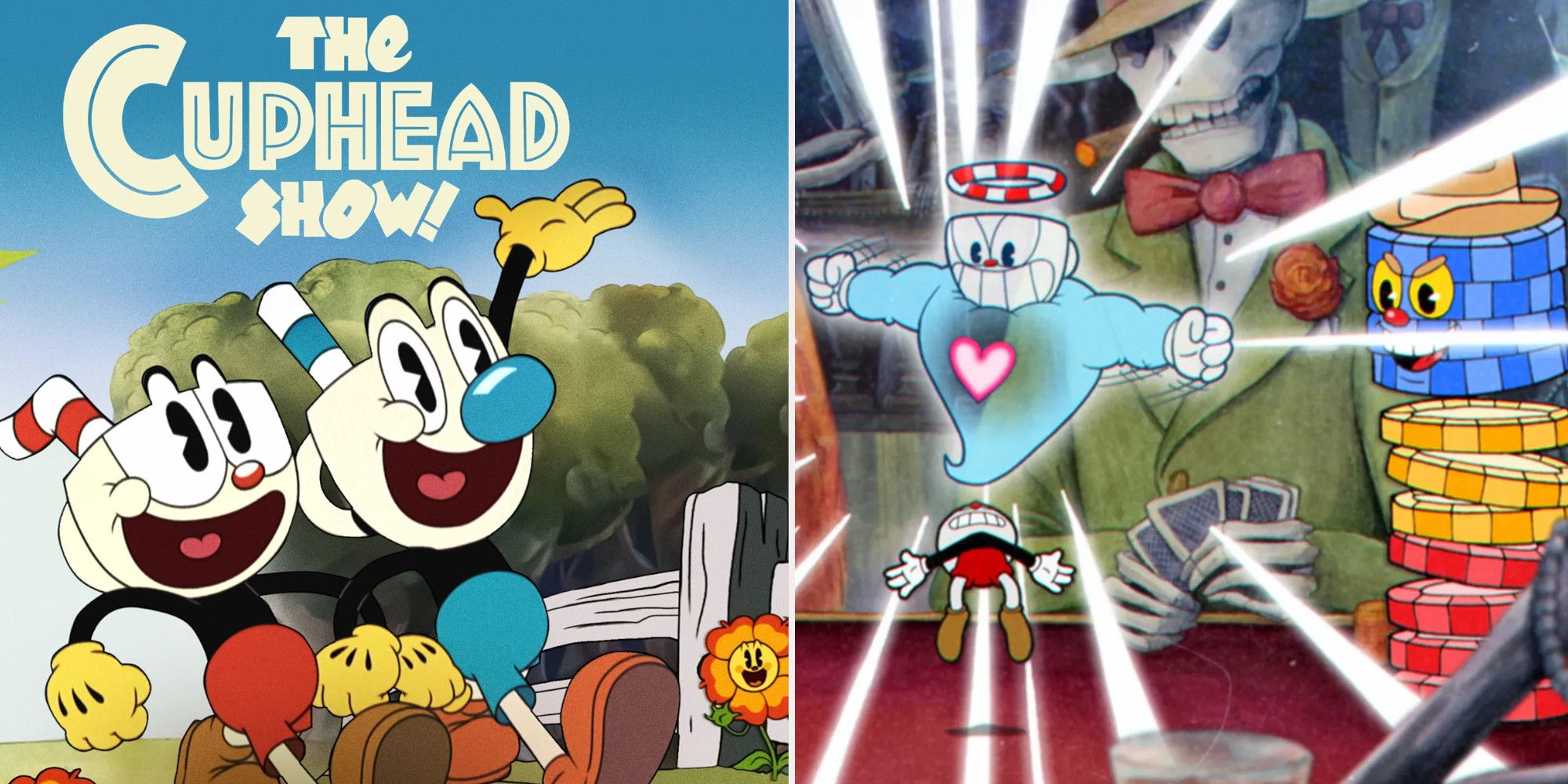 Cuphead and Mugman Stroll in Poster Split With Cuphead Using Special Ability To Become A Ghost