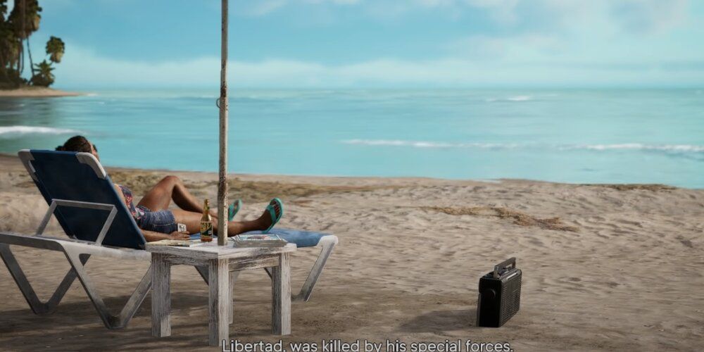 Dani relaxing on a beach with a radio on the floor in Far Cry 6