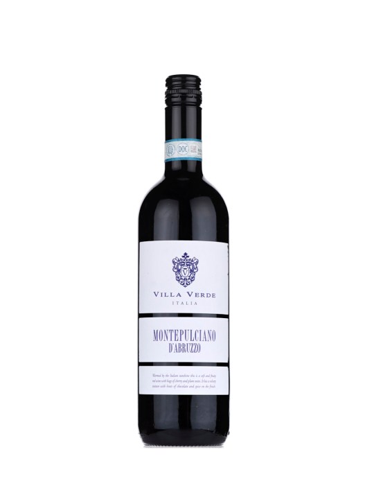 A bottle of red wine, with a white and purple label.