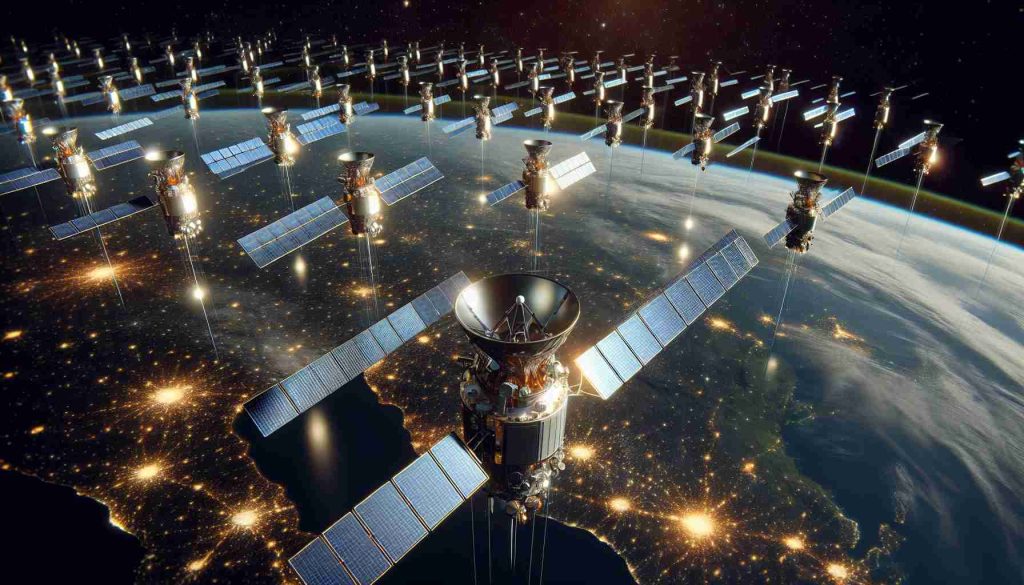 High definition, realistic illustration of Starlink satellites expanding for improved global internet connectivity. The image shows several small satellites uniformly spaced apart, orbiting the Earth in a low Earth orbit. The backdrop of the cosmos is studded with a vast array of stars, while below, we can see the curvature of Earth and the glow of city lights subtly indicating bustling human civilization. The surface of the satellites shines with a metallic sheen, reflecting the soft glow of the sun and the vibrant hues of Earth.