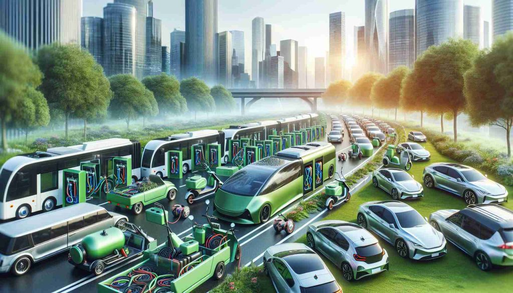 Create a high-definition, realistic image showcasing the revolution of electric vehicle batteries as a major catalyst for sustainable transportation. Depict an array of electric vehicles with their batteries visible, emphasizing the technology. Represent a variety of transportation modes including public transport, personal cars, bikes, and scooters, all contrasting against a backdrop of a clean, green cityscape. Some vehicles should be in motion, while others are at charging stations. The image should convey optimism for a sustainable future.