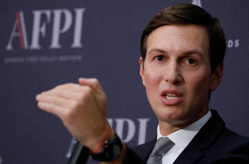 © Reuters. FILE PHOTO: Jared Kushner, former senior advisor to the president during the administration of his father-in-law, former President Donald Trump, speaks about the Abraham Accords during an event at the Trump affiliated America First Policy Institute in Washington, September 12, 2022.  REUTERS/Evelyn Hockstein/File Photo