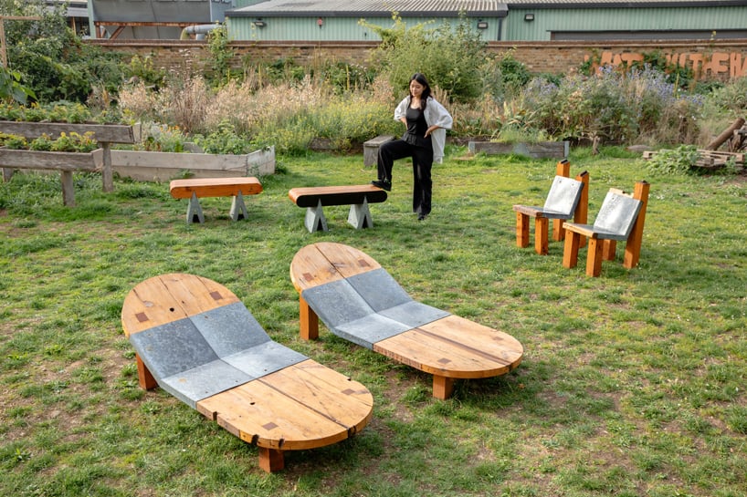 outdoor furniture series by adrienne lau repurposes wood boards and galvanized steel