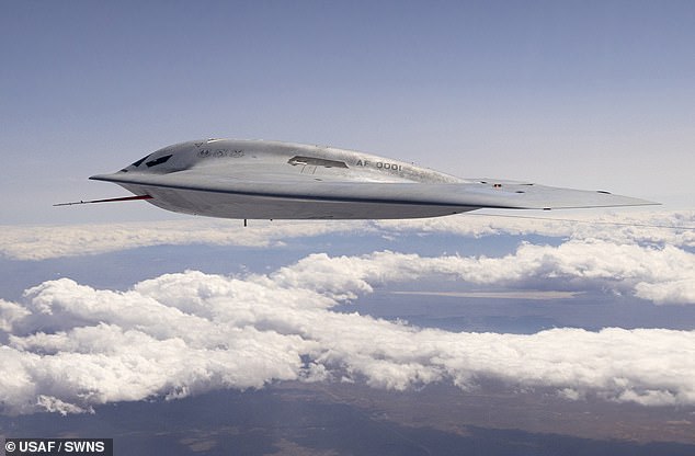 This photo, released by the US Air Force on 22 May 2024, shows a B-21 Raider conducting ground testing, taxiing and flying operations at Edwards Air Force Base in California