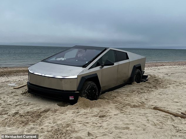 An unnamed Cybertruck owner got their car stuck on Nantucket Island because they didn't let the air out of the tires before off-roading (pictured)
