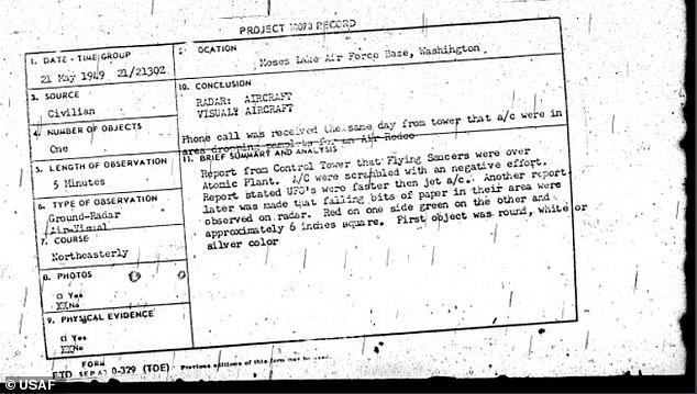 In one illustrative case from May 21, 1949, Hanford personnel spotted a 'silvery, disc-shaped' UFO hovering over the plant, whose B Reactor had generated the plutonium used in the first atomic bomb test at Trinity. 'UFO's were faster than jet,' Air Force investigators noted (above)