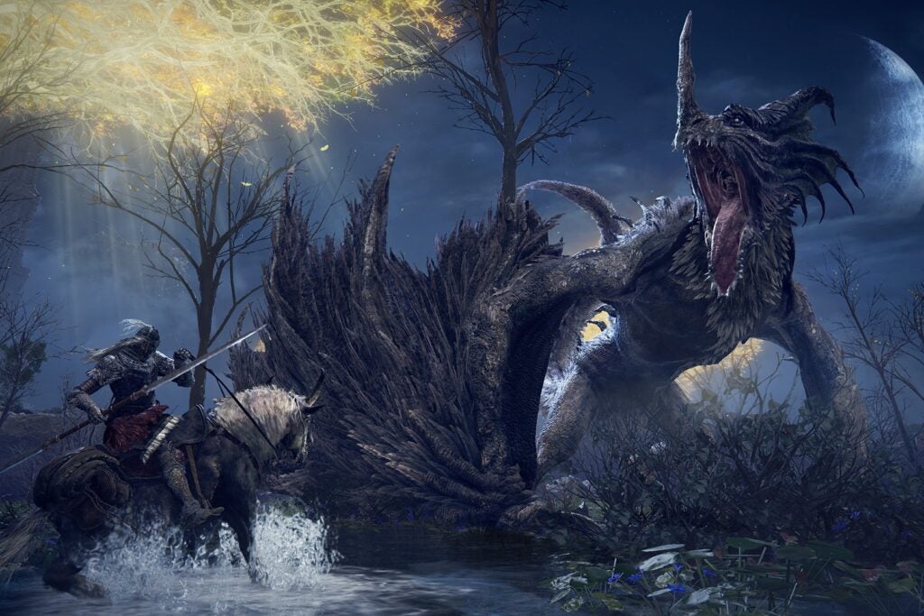Elden Ring combat on horseback against a dragon