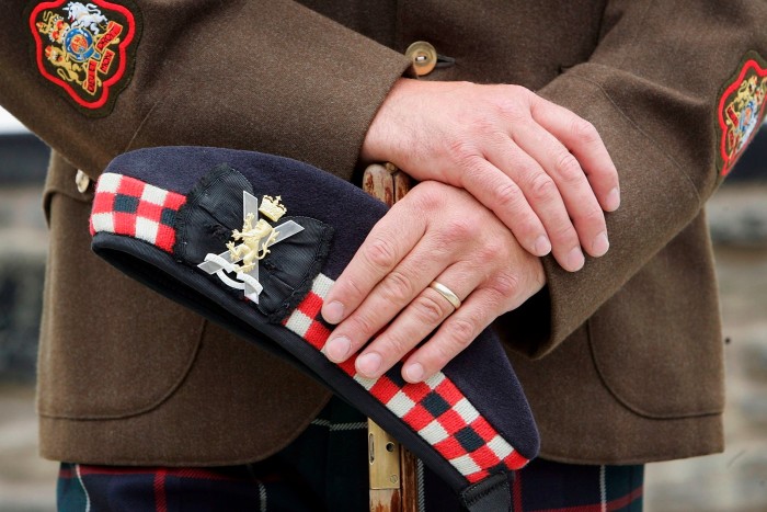 Insignia of a Regimental Sgt Major in the Royal Regiment of Scotland bearing the St Edward’s crown of Queen Elizabeth II