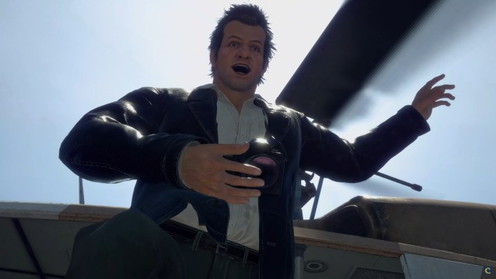 Frank West holding his camera about to hop out of a helicopter in the Dead Rising Deluxe Remaster.