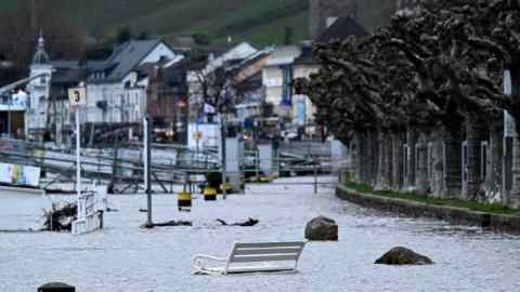 The Rhein river overflows its banks in Ruedesheim am Rhein, western Germany, on December 29, 2023